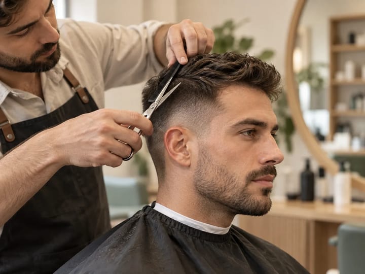 Kadeřnice stříhá pánský krátký střih nůžkami a hřebenem