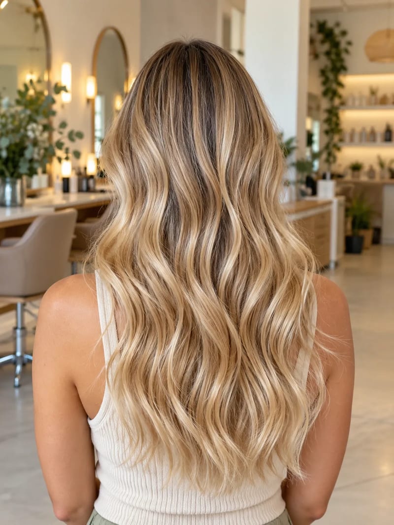 Vlny balayage v medově blond odstínech při pohledu zezadu